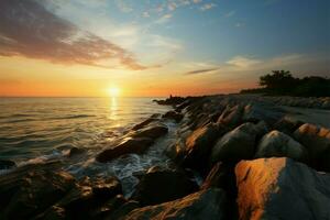 ai generato costiero la tranquillità tramonto vernici il roccioso riva di un' tropicale spiaggia foto