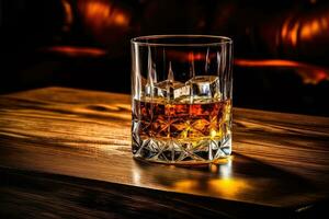 ai generato bicchiere di whisky con ghiaccio su un' sfondo foto