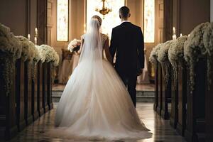 ai generato bellissimo caucasico bianca sposa e sposo insieme nel il Chiesa foto