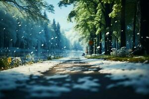 ai generato inverno strada all'aperto natura scena con nevoso alberi, brina foto