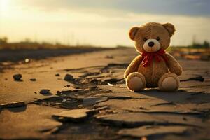 ai generato abbandonato gioia rotto orso giocattolo su un' strada, un' triste sfondo foto