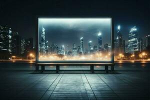 ai generato città luci fondale all'aperto spazio telaio cartello tabellone a notte foto