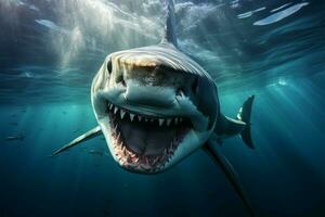 ai generato oceanico minaccia grande predatore squalo con pericoloso denti nuoto subacqueo foto
