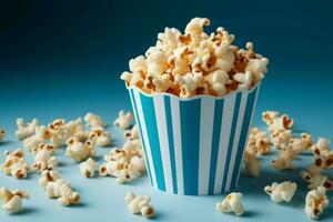 ai generato divertimento trattare Popcorn nel un' blu scatola su un' bianca sfondo foto