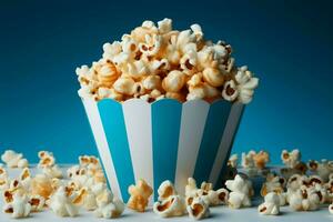 ai generato Popcorn piacere blu cinema scatola su un' croccante bianca sfondo foto