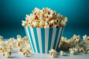 ai generato merenda sensazione blu Popcorn scatola contro un' pulito bianca sfondo foto