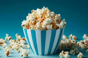 ai generato divertimento trattare Popcorn nel un' blu scatola su un' bianca sfondo foto