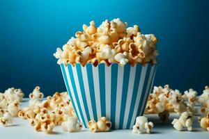 ai generato cinematico diletto blu Popcorn scatola su un' bianca sfondo merenda foto