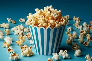 ai generato cinema classico blu Popcorn scatola, un' gustoso trattare su bianca foto