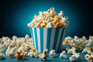 ai generato cinema classico blu Popcorn scatola, un' gustoso trattare su bianca foto