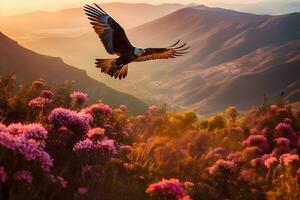 ai generato Calvo aquila volante e volo a vela lentamente e maestoso su il cielo al di sopra di alto montagne. concetto di natura e puro natura. neurale Rete ai generato foto