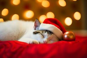 ai generato carino gattino dorme nel un' Natale cappello. neurale Rete ai generato foto