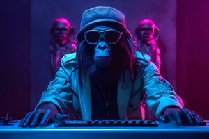 ai generato freddo elegante scimmia dj. synthwave neon. neurale Rete ai generato foto
