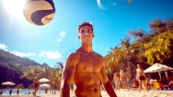 ai generato ritratto di un' uomo giocando pallavolo su il spiaggia. giovane adulto maschio sorrisi e è contento mentre giocando su il spiaggia. spiaggia Visualizza a intorno a, vacanza, vacanze concetto. generativo ai foto