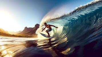 ai generato ritratto di un' uomo fare surf su il spiaggia. professionale surfer avendo divertimento con tavola da surf. fare surf azione attraente onde nel oceano. generativo ai foto