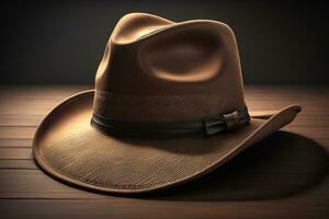 ai generato cowboy cappello su un' di legno tavolo. ai generativo foto