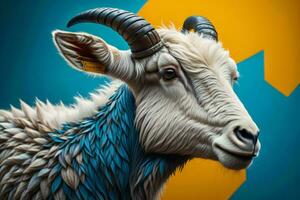 ai generato ritratto di un' capra con corna e corna su un' blu sfondo. ai generato foto