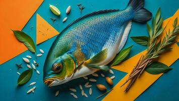 ai generato pesce e ingredienti per cucinando su un' blu e arancia sfondo. superiore Visualizza. generativo ai foto