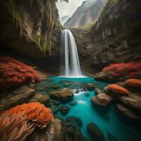 ai generato un' bellissimo cascata nel il mezzo di un' canyon. generativo ai foto