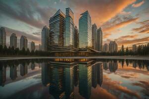 ai generato riflessione di moderno grattacieli a tramonto nel Shenzhen, Cina. generativo ai foto