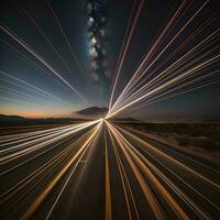 ai generato lungo esposizione di leggero sentieri su il autostrada a notte con un' nube nel il cielo. generativo ai foto