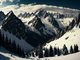 ai generato inverno montagne panorama con neve coperto abete alberi e blu cielo. generativo ai foto