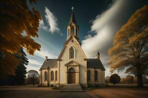 ai generato Chiesa nel il autunno foresta. generativo ai foto