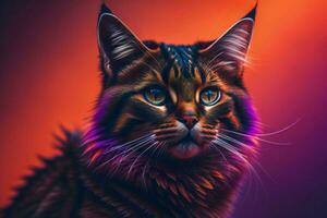 ai generato ritratto di un' Maine coon gatto nel neon leggero su un' rosso sfondo. ai generato foto