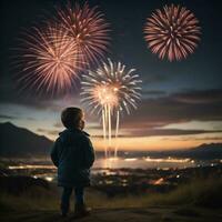 ai generato poco ragazzo Guardando fuochi d'artificio nel il notte cielo, silhouette di un' bambino. generativo ai foto