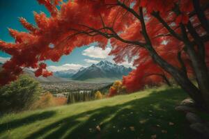 ai generato bellissimo autunno paesaggio con colorato alberi, montagne e lago. generativo ai foto