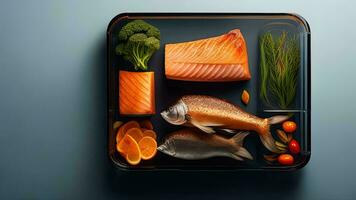 ai generato salmone, salmone e verdure nel plastica scatola su blu sfondo. generativo ai foto