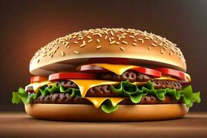 ai generato un' Hamburger con formaggio e lattuga su un' buio sfondo foto