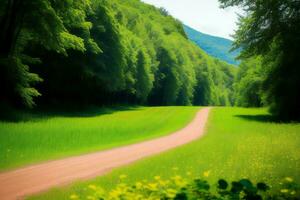 ai generato bellissimo primavera paesaggio con un' strada nel il foresta e verde erba. generativo ai foto