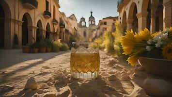 ai generato bicchiere di birra e girasoli su il sabbia. selettivo messa a fuoco. generativo ai foto