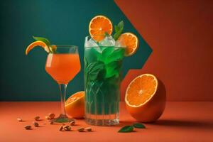 ai generato cocktail con Ghiaccio, arancia e menta su un' colorato sfondo. generativo ai foto