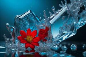 ai generato fusione ghiaccio cubo con rosso fiore su blu sfondo. generativo ai foto