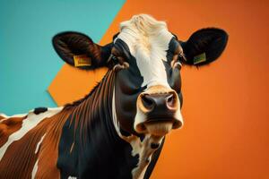 ai generato ritratto di un' mucca su un' colorato sfondo. avvicinamento. ai generato foto