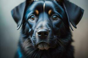 ai generato ritratto di un' nero cane con blu occhi su un' buio sfondo. ai generato foto