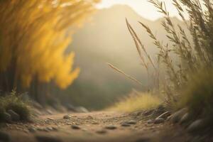 ai generato autunno paesaggio. sporco strada attraverso il prato a tramonto. generativo ai foto