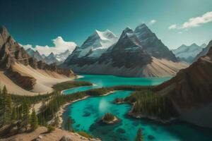 ai generato fantasia paesaggio con lago e montagne. generativo ai foto