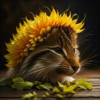 ai generato divertente gatto con un' ghirlanda di fiori su un' di legno sfondo. generativo ai foto