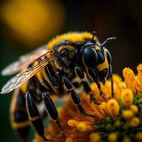 ai generato macro tiro di un' ape raccolta polline su un' giallo fiore. generativo ai foto