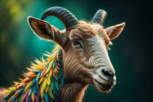 ai generato ritratto di un' capra con un' colorato copricapo, avvicinamento. ai generato foto