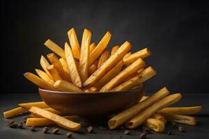 ai generato francese patatine fritte nel un' ciotola su rosso sfondo. selettivo messa a fuoco. ai generativo foto