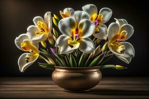 ai generato mazzo di croco e tulipani su solido colore sfondo. ai generativo foto