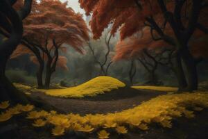 ai generato bellissimo autunno foresta con giallo fiori nel il mattina, generativo ai foto