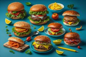 ai generato hamburger con diverso ingredienti su blu sfondo, superiore Visualizza. generativo ai foto