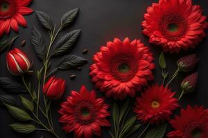 ai generato rosso gerbera fiori su un' nero sfondo. piatto posizione, superiore Visualizza. generativo ai foto