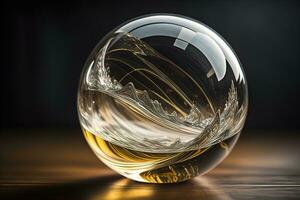 ai generato trasparente cristallo palla su un' di legno tavolo. ai generativo foto