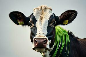 ai generato testa di un' mucca con un' verde nastro su sua collo contro il cielo. generativo ai foto